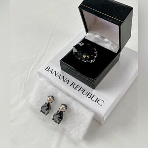 Banana Republic Gunmetal, Black Gemstone & Pearl Earrings w/ Matching Ring